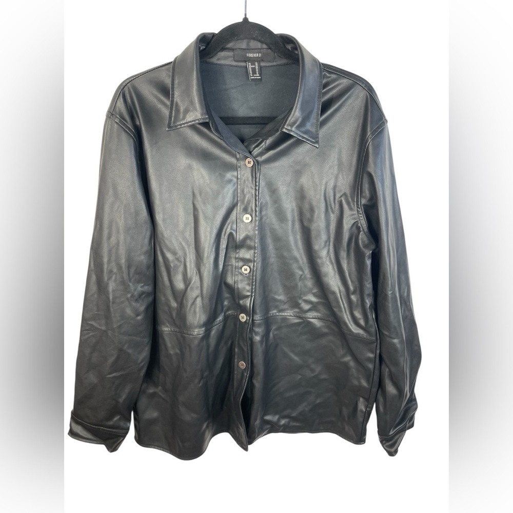 Forever 21 Black Faux Leather Button Front Long Sleeve Jacket or Shirt XL Women